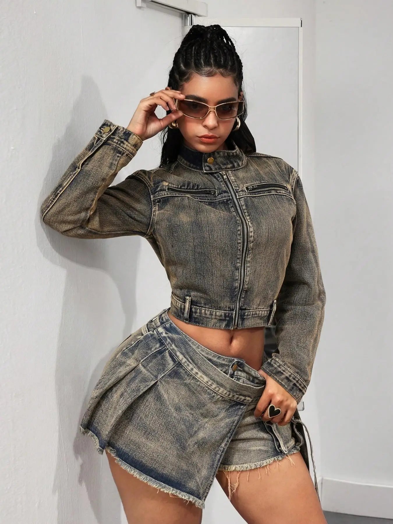 Vintage High Waist Denim Skirt Pants, Anti-Slip Sexy Shorts, Casual Fitted Design, Plain Pattern, Women's Fashion