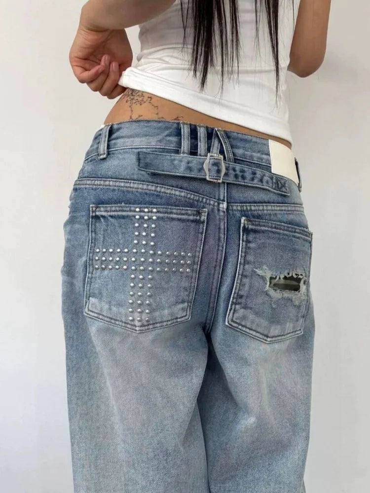 Summer Jeans Women Washed Distressed Rhinestone American Vintage Y2K Street Style Straight Loose Wide Leg Draping Jean Pants