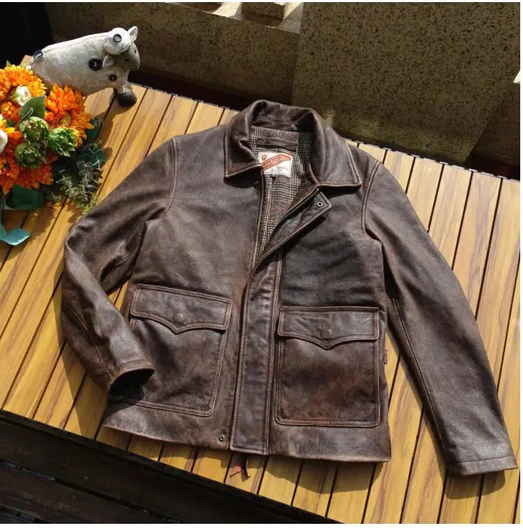 CC Shop Top.Natural,US nubuck leather coat.Vintage brown style casual genuine cowhide jacket.Men quality Rider leather cloth.