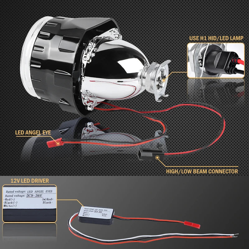 80mm LED White Angel Eyes 2.5 Inch Bi-xenon Headlight Projector Lens H4 H7 Front Head Lamp for Car Offroad Motorcycle DRL Lamp