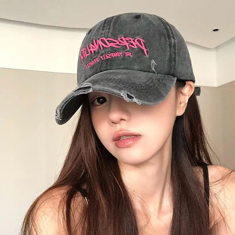 Retro Baseball Cap For Women Summer Washed Denim Letter Sun Hat Wide Brim Fashionable Duckbill Cap