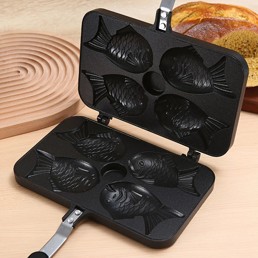 Taiyaki Fish Shape Waffle Maker Aluminum Alloy Double-Sided Uncoated 6-Cavity Mold Pan for Snacks Cakes Non-Stick Surface
