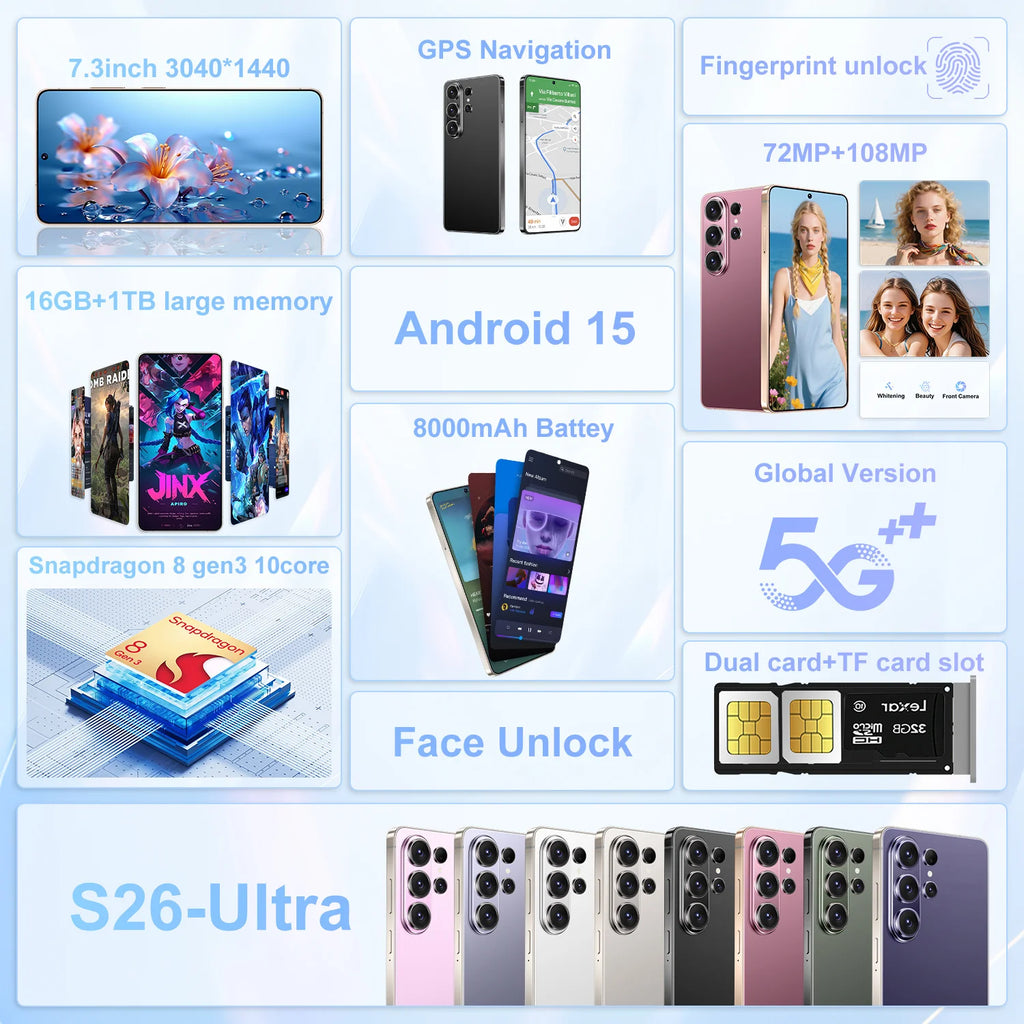 2026 NEW Global Version S26 Ultra 4G 5G Dual Card Dual Standby System Original Intelligent 7.3inch 8000mAh Battery Arrival