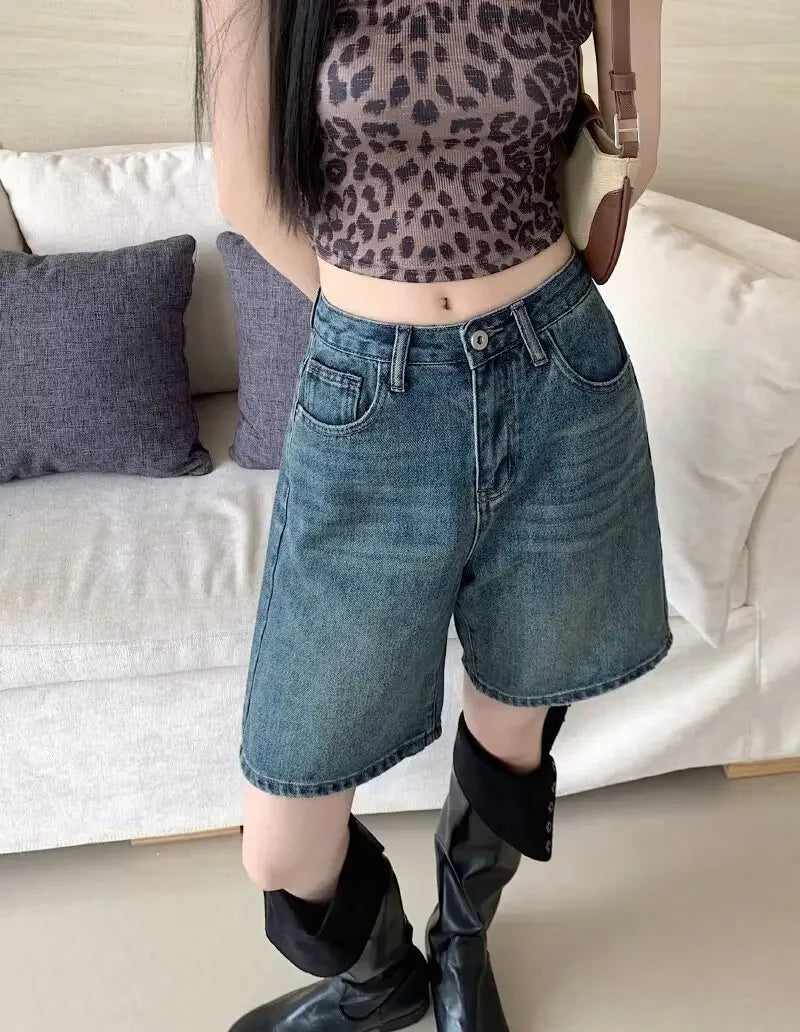 Summer High Waist Retro Jean Shorts for Women Loose Straight Denim Fashion Versatile Leisure Shorts Women's 2026