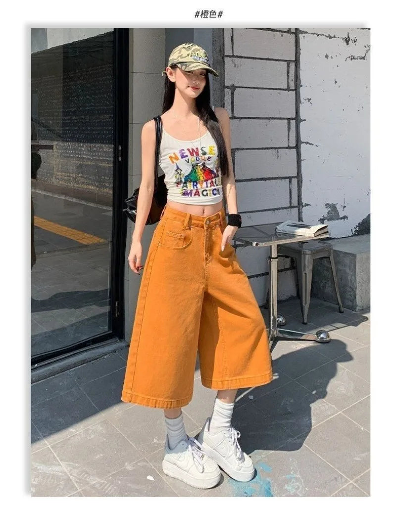 Retro High Waist Wide-leg Jeans Women Summer New Fashion Loose Straight Calf-Length Denim Pants Female Orange Whiter Cowboy Pant