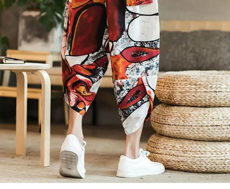 Men's Casual Cotton Linen Seven-Foot Pants Summer plus Size Lantern Loose Fit Shorts Harlan Style Comfortable Breathable Leis...