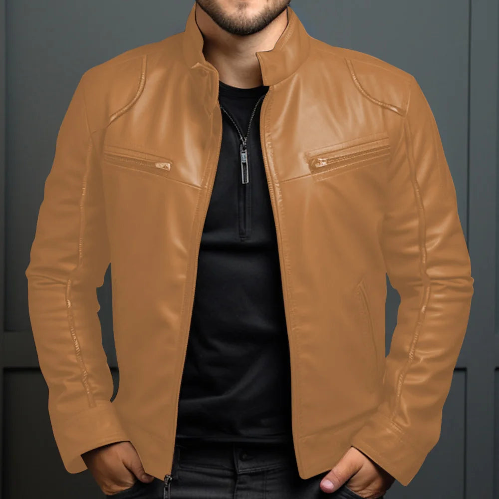 Asian Size Men's Motorcycle Leather Jacket Stand Collar Punk Biker Jacket Men's Casual Slim Fit PU Leather Coat Riding Jacket