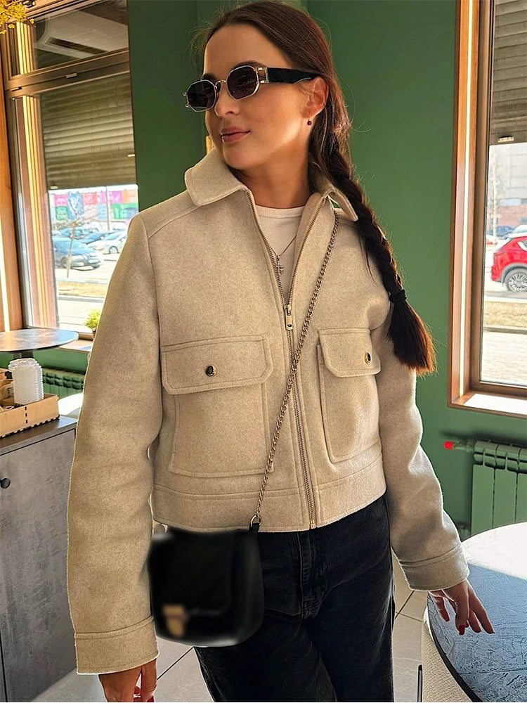 SLTNX Women's Zipper Jacket Coat New Winter Long Sleeve Pocket Outerwear Coat Short Street Elegant Women's Jacket