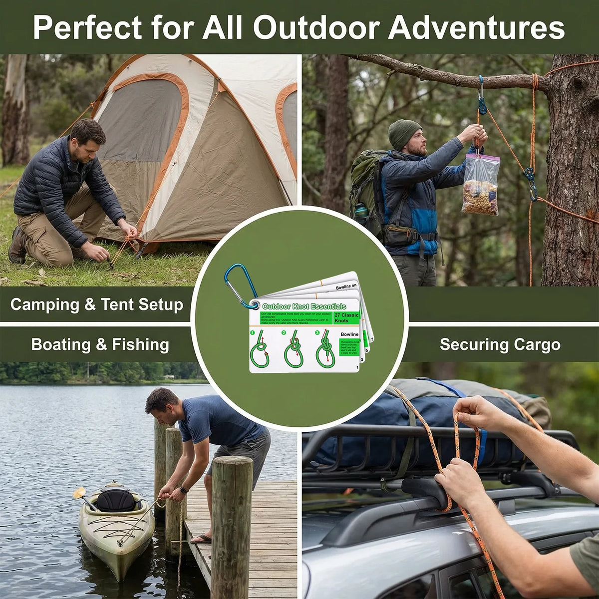 Outdoor Knot Tying Guide Cards Waterproof Plastic Reference Carabiner Survival Emergency Tools For Hikers Campers Scouts Gifts