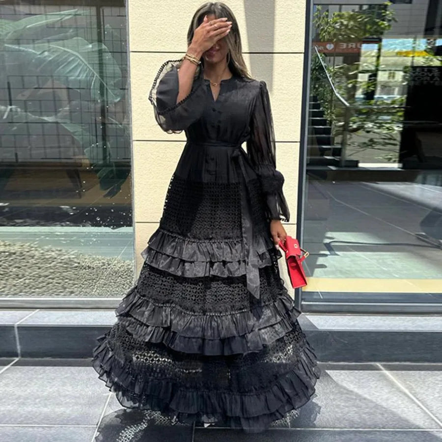 Elegant Hollow Out Lace Dress V-neck Vintage Flare Long Sleeves Chic Bandage A-line Long Dresses French High Street Clothing