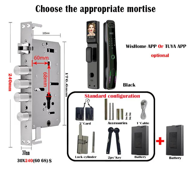 WISHome APP or Tuya App 3D Face Recognition smart Door Lock Unlock Digital Smart Lock Fingerprint Key Card Nfc Phone Unlock Lock