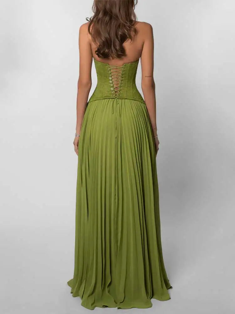 GACVGA Elegant Corset Halter Pleated Maxi Dress Women Back Lace-up Patchwork Slim Lady Gown Club Party Evening Long Dress