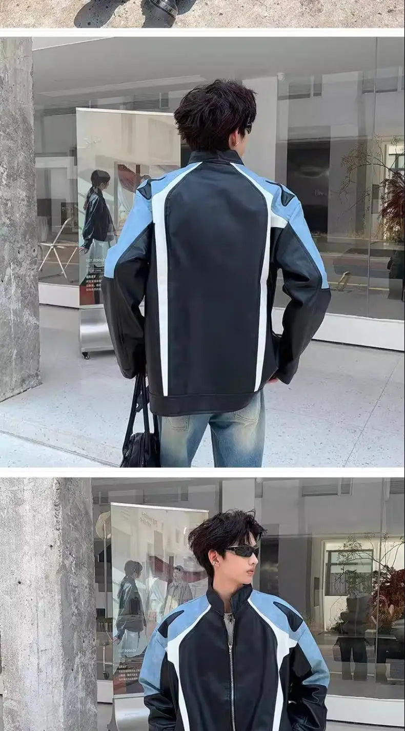 American Retro Motorcycle Jacket Men Women's High Street Spring Autumn Contrasting Color Splicing Design Handsome Bomber Coat