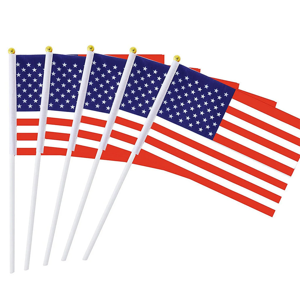 50pc USA Stick Flag, American US 14x21cm HandHeld Mini Flag ensign 30cm Pole United States Hand Held Stick Flags banner In Stock