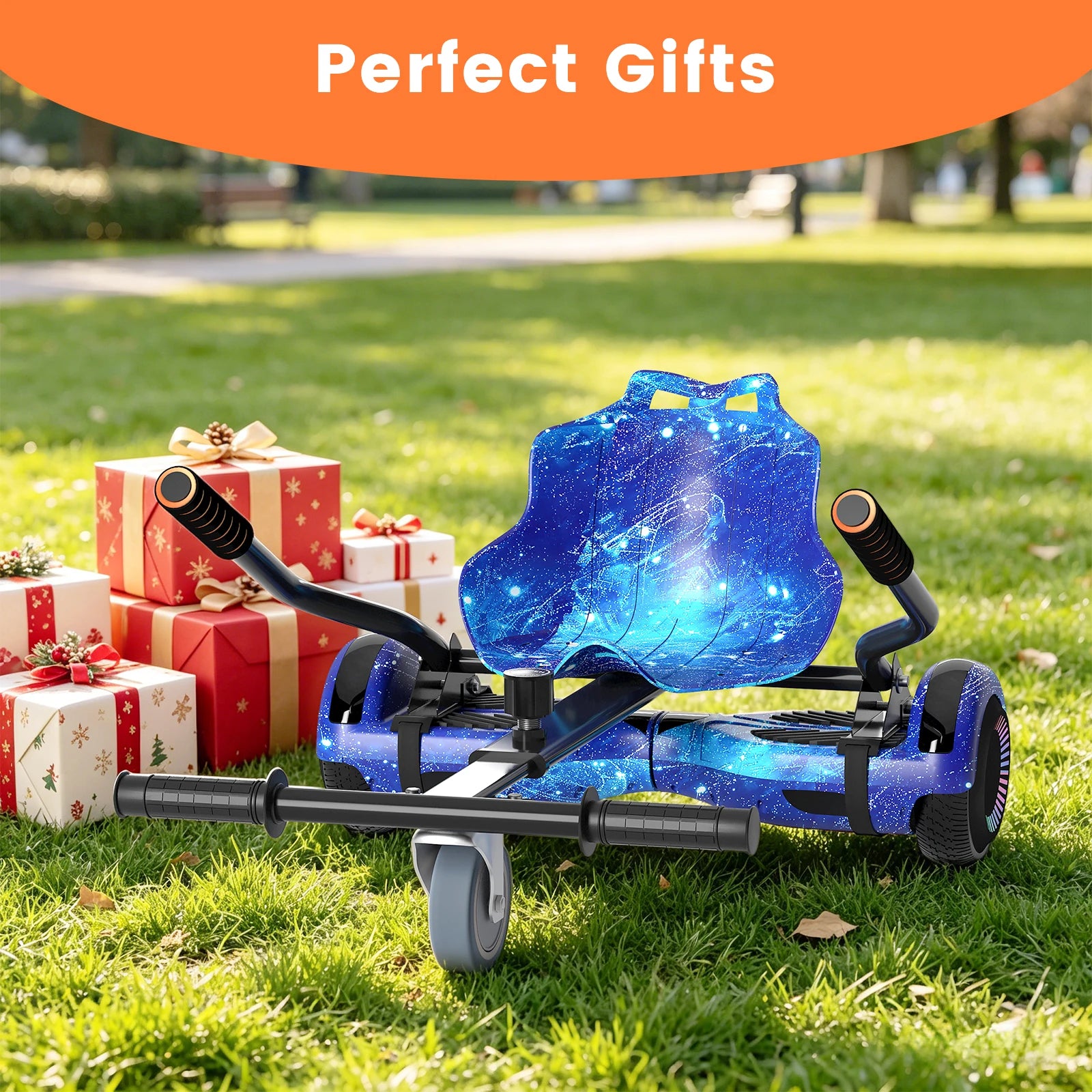 Scooter with Adjustable Seat Attachment, 6.5" All-Terrain Self Balancing Scooter, LED Lights & Bluetooth for Kids and Adults, Black