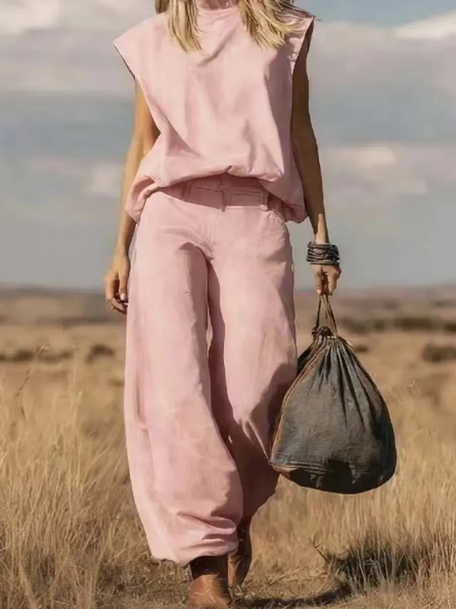 Fashion Denim Two Piece Set for Women Casual Solid Color Loose Simple Sleeveless Top Wide-leg Trousers Holiday Matching Set