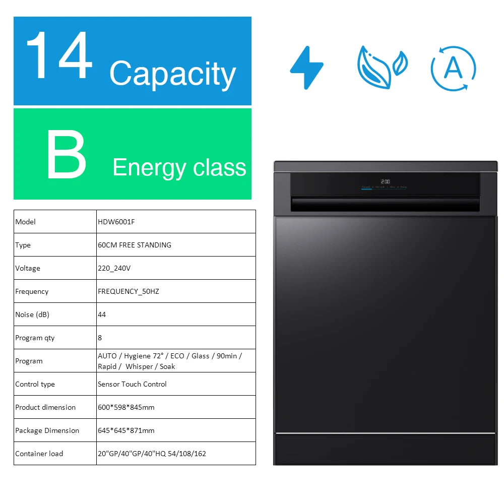 Countertop Dishwasher, 60 cm Stainless Steel Freestanding Dishwasher, 14 Place Setting, 220-240V Kitchen Appliance