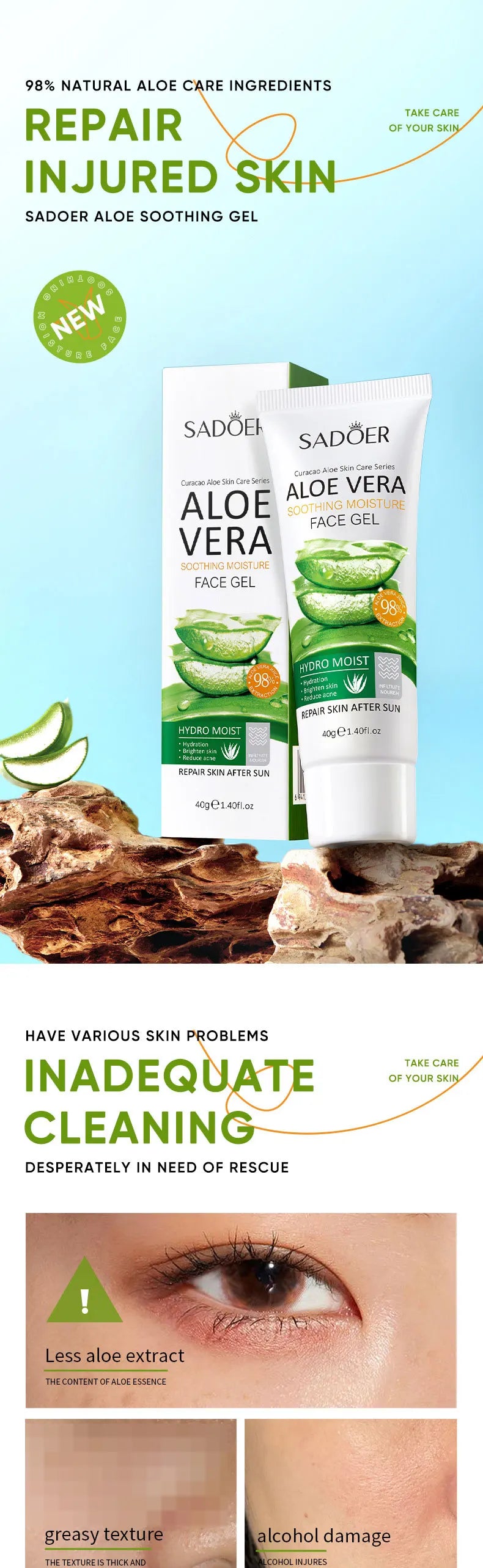 SADOER Exfoliating Aloe Vera Gel Facial Cleanser Deep Cleansing Exfoliant Gentle Tender Face Exfoliation Facial Exfoliator