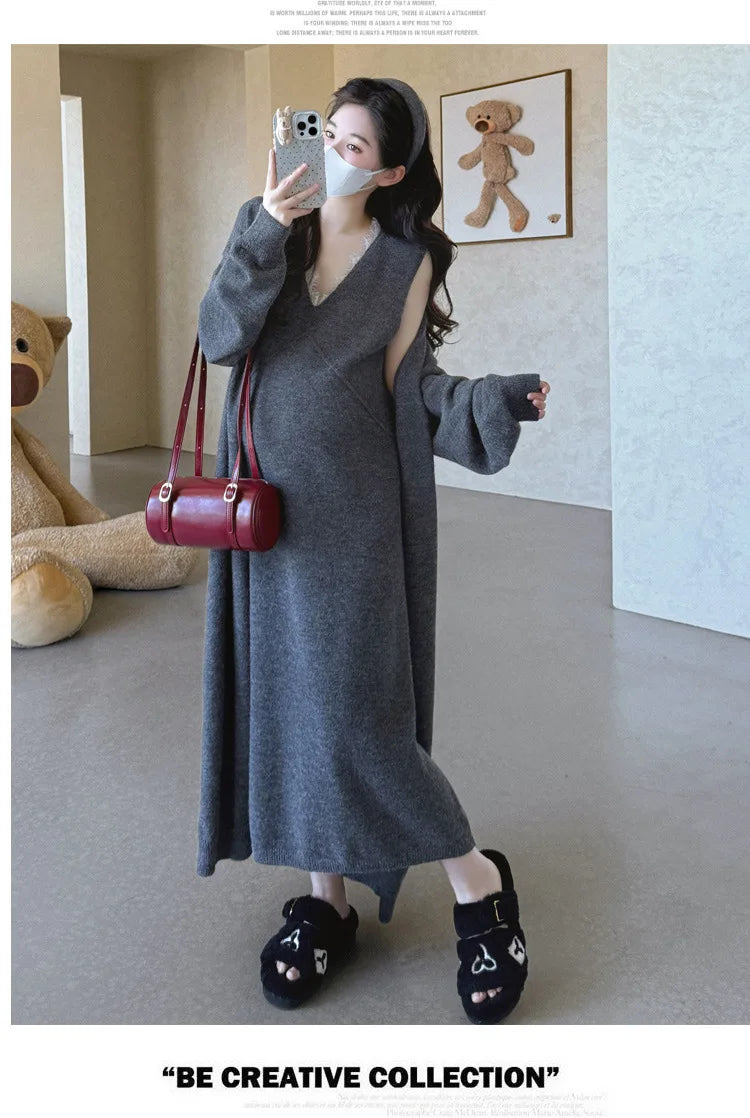 Maternity Suit  Autumn High-End Lazy Style Versatile Long Coat And Lace Paneled V Neck Straight Tank Dress Two Piece Set