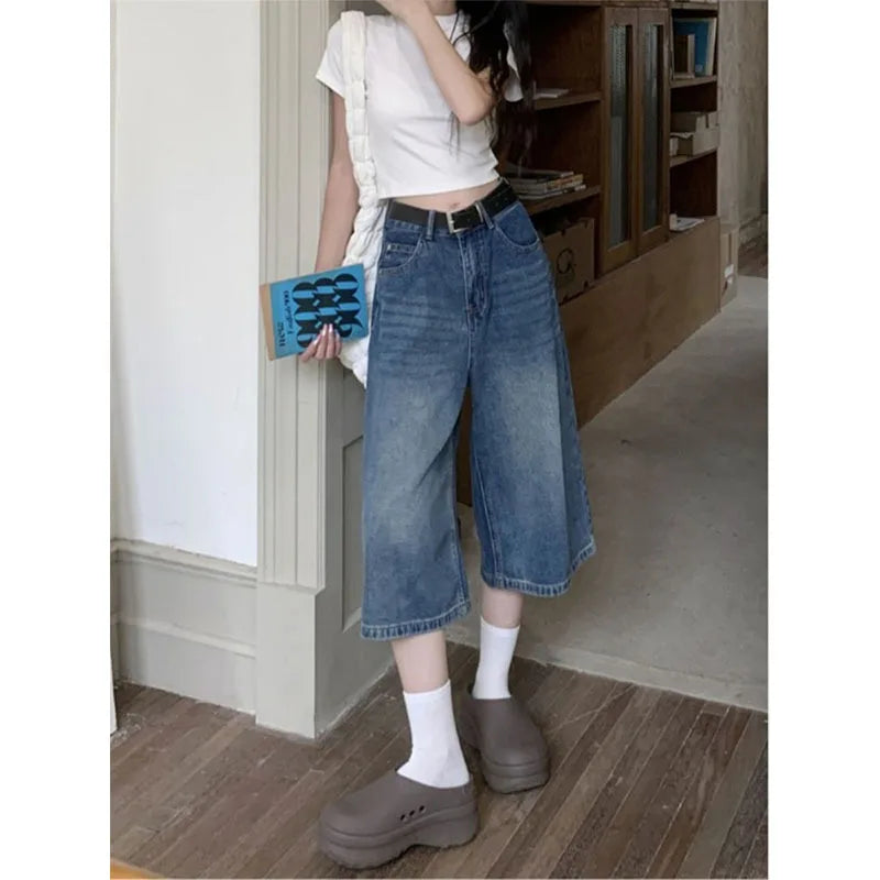 Women's Retro Casual Jeans  Summer New Wide-Leg Pants  High-Waisted Plus-Size Pear-Shaped Body-Camouflaging Straight Leg Pants
