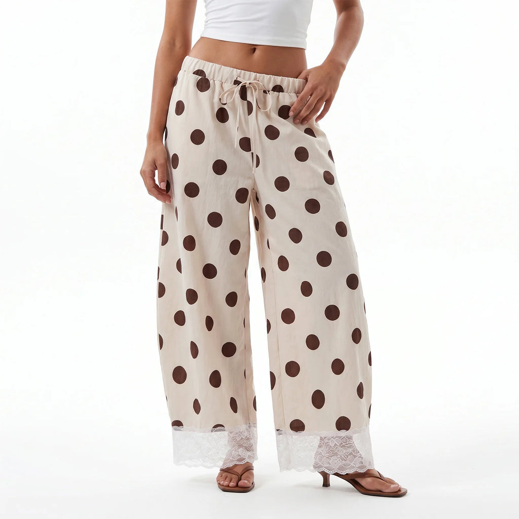 Women Y2K Retro Polka Dot Pants Lace Hem Elastic High Waist Drawstring Loose Fit Trousers Sweet French Style Vacation Bottoms