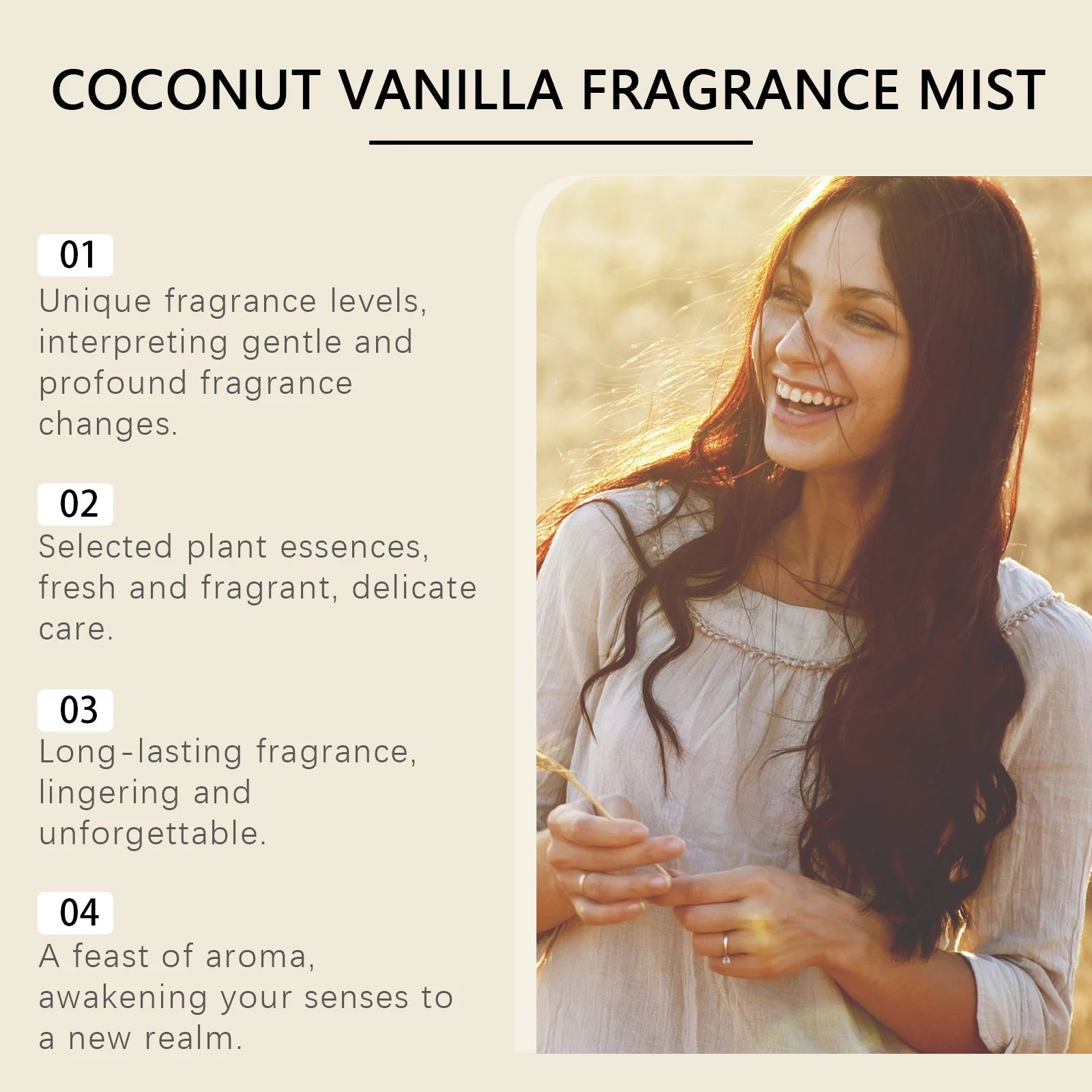 Coconut Vanilla Romantic Body Mist - Fresh Elegant Scent, Long-Lasting Natural Fragrance, Portable Daily Niche Perfume
