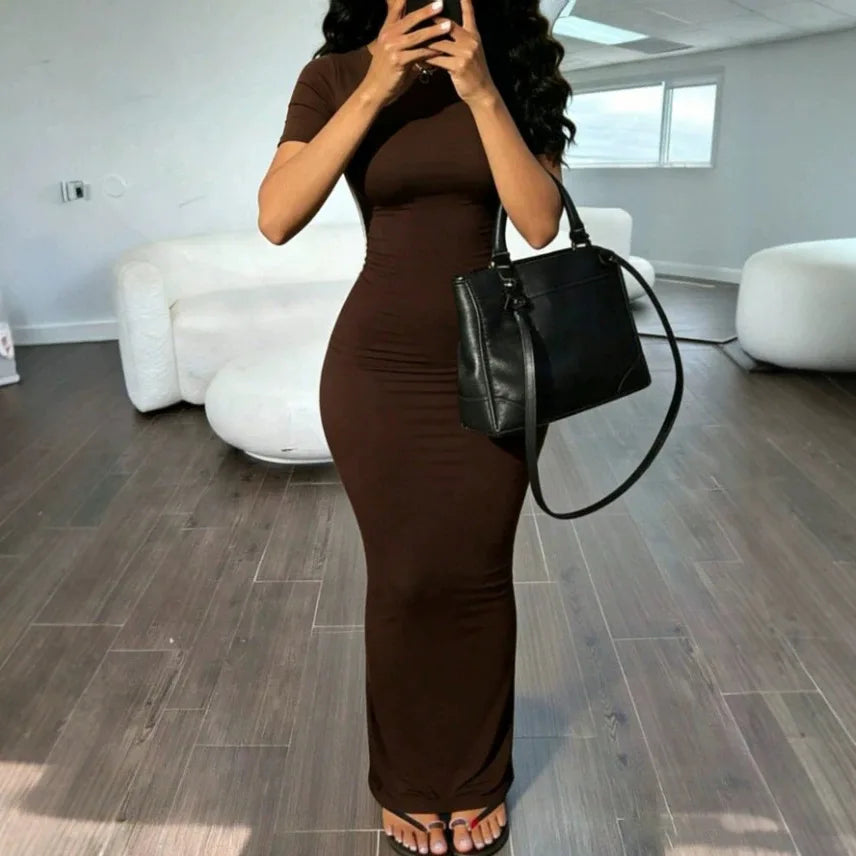 Sexy Skinny Women's Bodycon Party Dress Fashion O-neck Short Sleeve Solid Color Wraped Hip Package Long Dress Female Sexy Dress