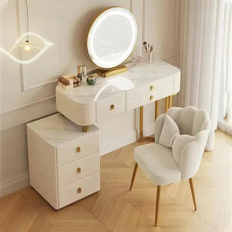 #Modern White Makeup Vanities Table Set With Smart Mirror Slate Top Modern Dressing Desk Wooden Bedroom Furniture