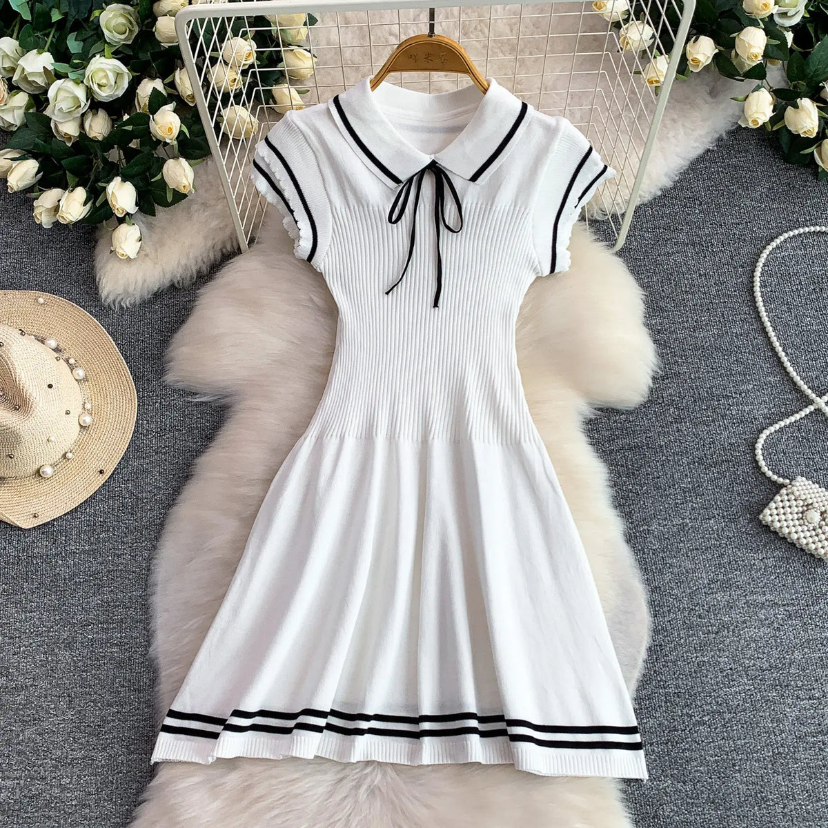 Summer Women Sweet Strechy Sundress Turndown Collar Short Sleeve Knitted Dress Lace Up Bow High Waist A-line Mini Dress