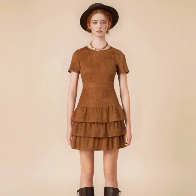 Sexy Slim High Waist Cake Dresses For Women Spring Autumn Winter Solid O-Neck Mini Suede Dress Female Party Short Gown vestido
