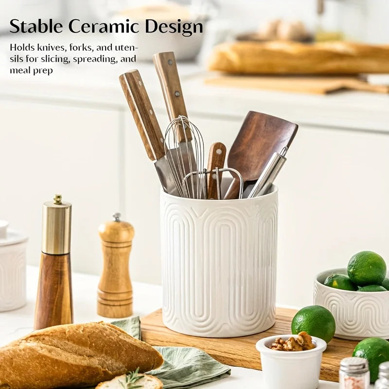 Ceramic Utensil Holder Organizer - Kitchen Countertop Storage Jar for Forks Spoons Knives, White Porcelain Canister, 1/2-Piece