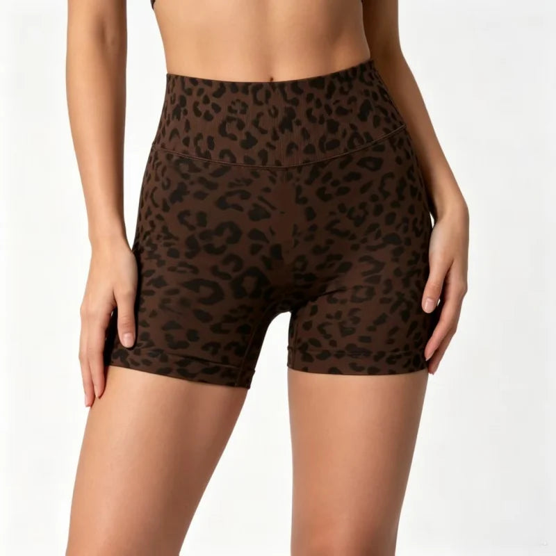 Sexy Leopard Print Seamless Yoga Shorts High Waist Peach Butt Lift Tummy Control 4-Way Stretch Breathable Workout Cycling Pants