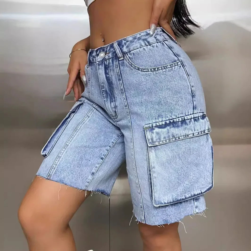 Women's High Waist Denim Shorts Utility Pocket Cargo Style Loose Fit Summer Casual Shorts