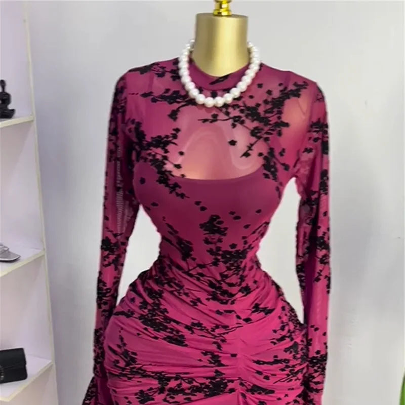 CM.YAYA 2025 Women Long Sleeve Ruched Mesh See Though with Lining Bodycon Long Dress Fall Evening Birthday Sexy Party Dresses