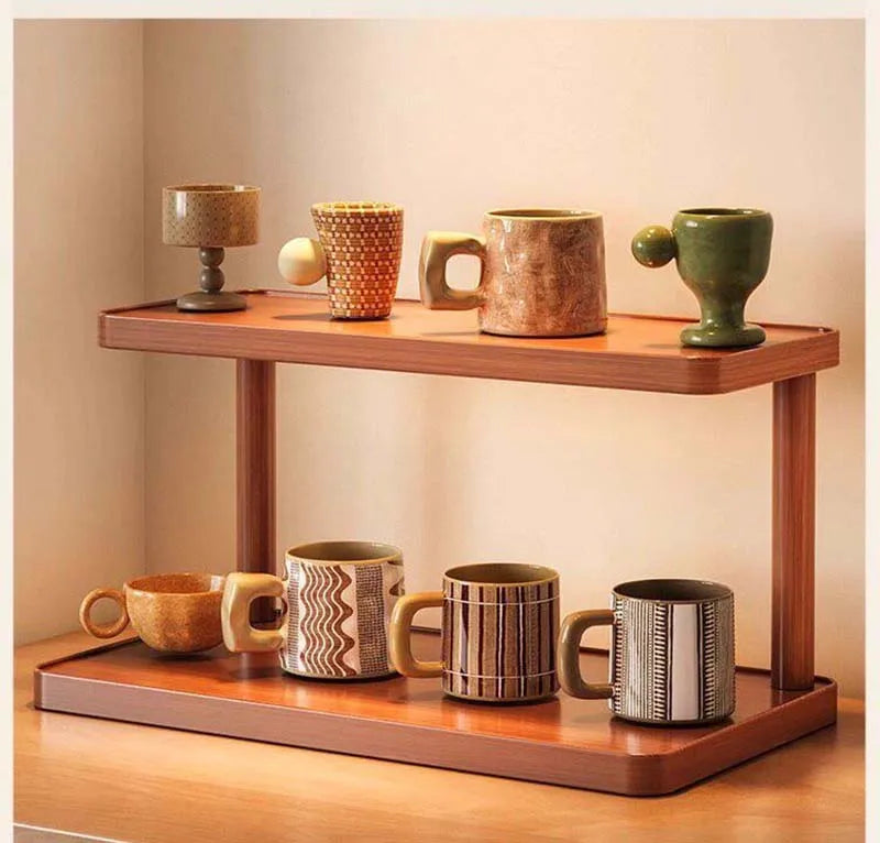 Versatile 2-Tier Wooden Storage Rack for Kitchen&Tea Room-Countertop Organizer with Decorative Desktop Multi-layer Storage Rack