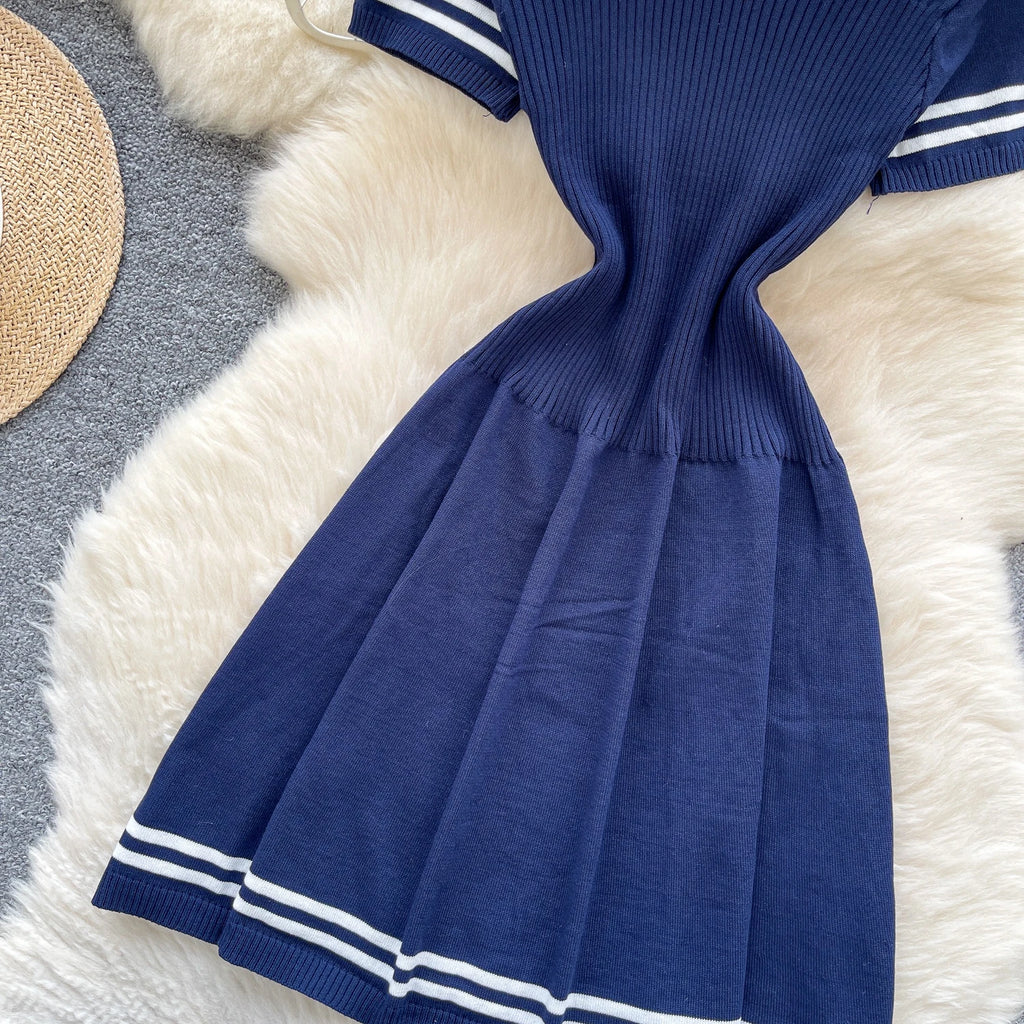 New Summer Women Sailor Collar Short Sleeve Knitted Dress Sundress Bow Lace Up Elatic Bodycon Pencil Vestidos Short Dress