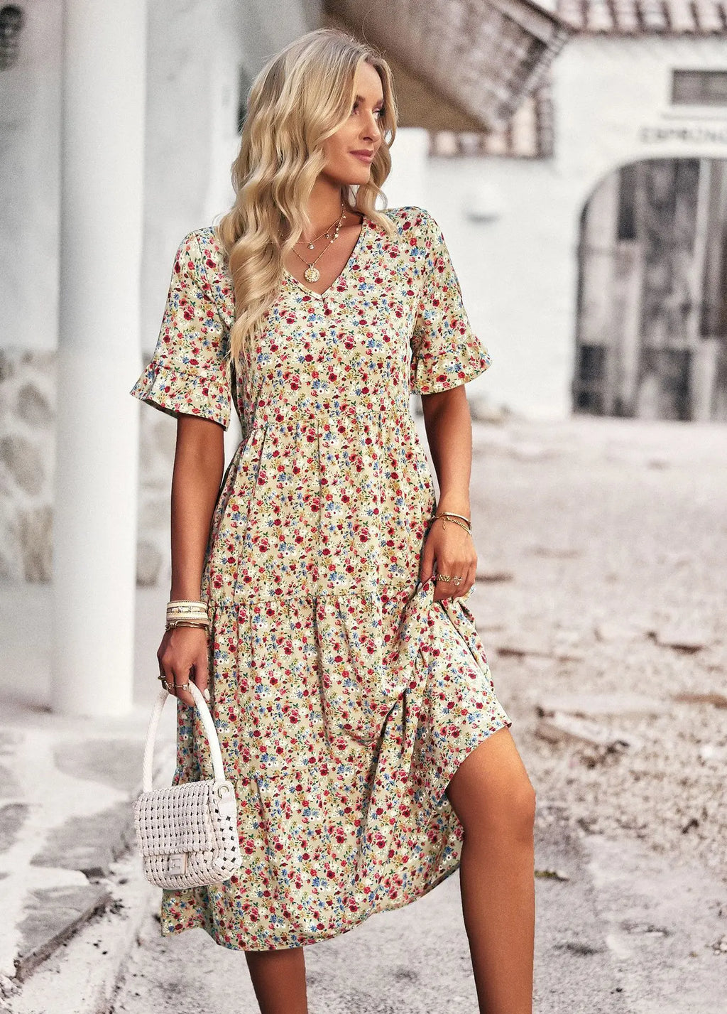 Msfilia Fashion V Neck Elegant Printed Dress Women Summer Short Sleeve High Waist A Line Floral Holiday Dresses