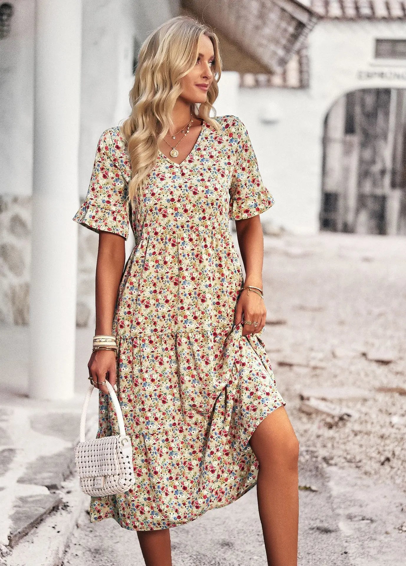 Msfilia Fashion V Neck Elegant Printed Dress Women Summer Short Sleeve High Waist A Line Floral Holiday Dresses