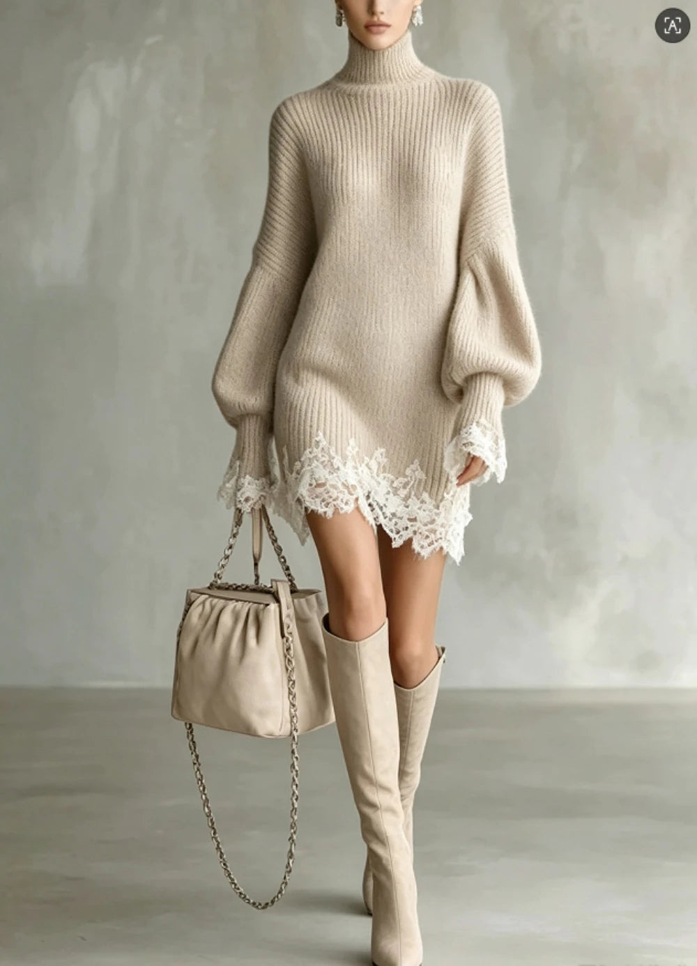 Fall Winter Women Oversized Turtleneck Knit Sweater Dress Lantern Long Sleeve Lace Trim Irregular Hem Loose Pullover Mini Dress