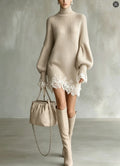 Fall Winter Women Oversized Turtleneck Knit Sweater Dress Lantern Long Sleeve Lace Trim Irregular Hem Loose Pullover Mini Dress