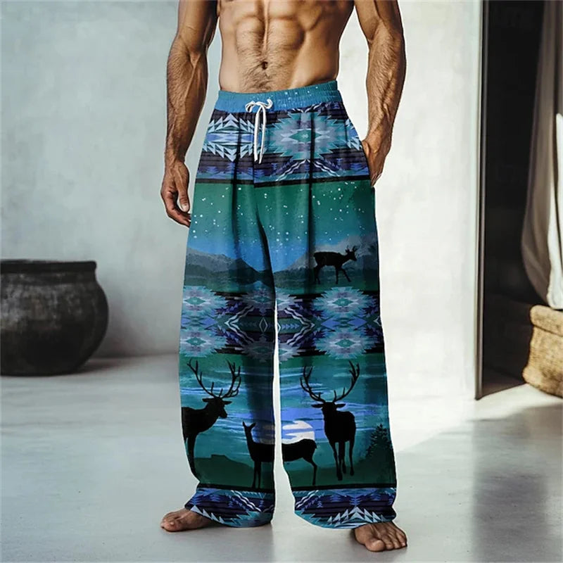 Summer Men's Beach Shorts Relaxed Fit Drawstring Casual Pants 3D Printed Geometric Pattern Breathable Wide-Leg Pants
