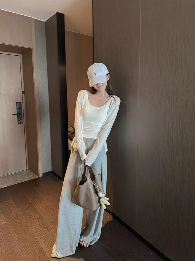 Women's Straight Pants Spring Summer Loose Casual High Waist Wide-leg Pants Drawstring Solid Gray Trousers Women