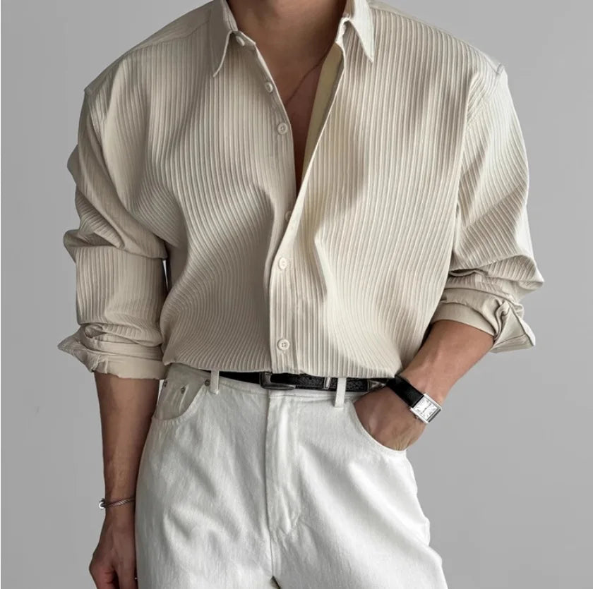 Men's High-quality Business Casual Shirts，High-end Texture Solid-color Shirts, Breathable  Loose Long-sleeved Shirts for Spring
