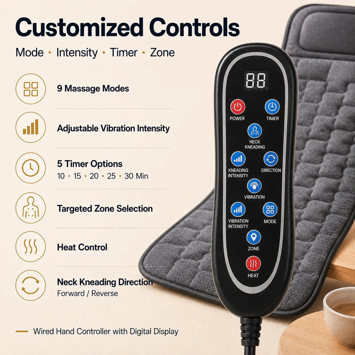 Full Body Massage Mat Foldable Neck Kneading 10 Motor Vibration Heat Shiatsu Electric Massage Cushion 9 Modes Wired Remote Home