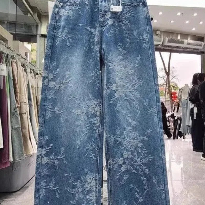 Korean Niche Jacquard Wide-leg Jeans Women Summer Trousers New Design Sense High-waist Casual Straight-leg Floor-length Pants