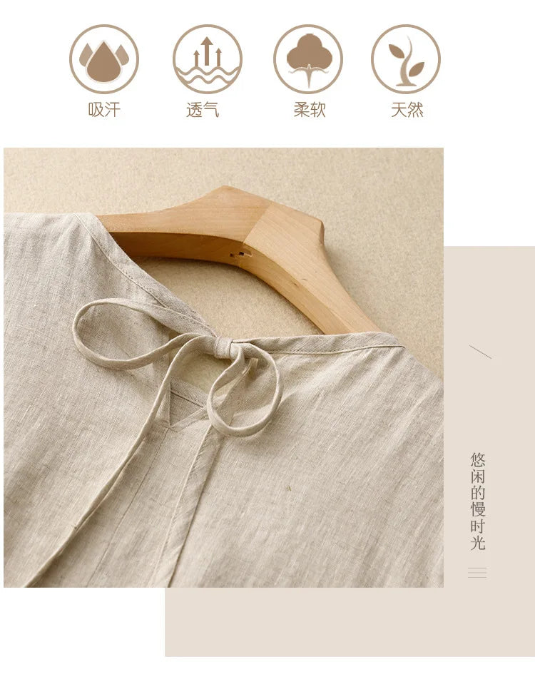 Summer Cotton Linen Blended Thin And Breathable Dress Women Literary Big Swing Short Sleeve Solid Loose Casual Female Dresses