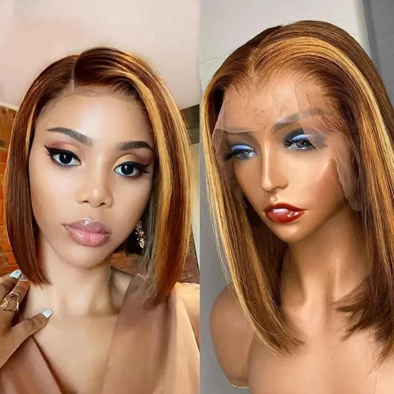 200% Density Short Bob Wigs Highlight Straight Lace Front Wigs Blonde 13x4 Transparent Lace Front Wig 100% Human Hair 427#16Inch