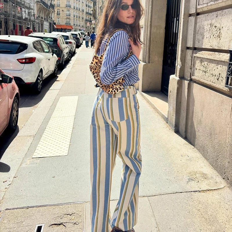 Casual Women's Red Striped Pants Button Zipper Double Pockets Straight Straight Leg Trouser 2026 Spring Summer Fashion Lady Pant