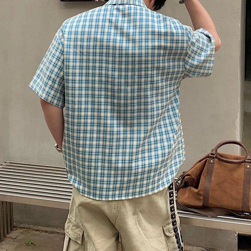 2025 Summer Stylish Short Sleeve Shirt Men's Streetwear Vintage Button-up Turn-down Collar Shirts Trendy Men Plaid Printed Shirt