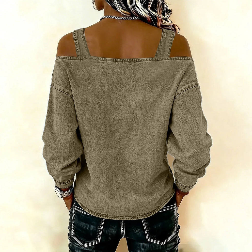 Women's Denim Top, Stylish Off-the-shoulder Long-sleeved Top with Shoulder Straps, Elegant and Versatile Denim Shirt, Streetwea